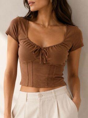Hollister Bustier Style Top Tie Front Short Sleeve Brown Womens XS Going Out